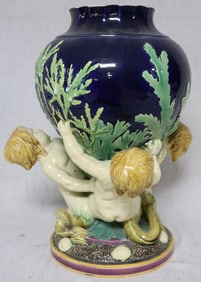 MAJOLICA FIGURAL VASE WITH 3 MERBOY SUPPORTS, SEA