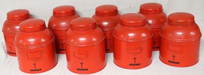 GROUP OF 8 FRENCH TIN COFFEE CANNISTERS, RED