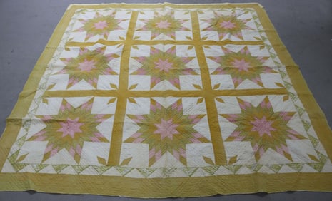 OLD HAND SEWN QUILT, 9 STAR DESIGN, SHOWS SOME