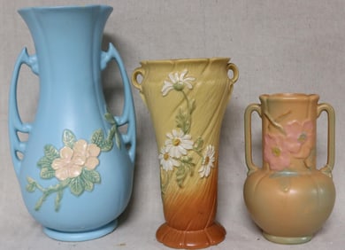 3 WELLER VASES, FLORAL DESIGNS, 9 1/2" - 15 1/2"