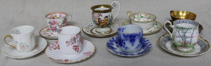 8 DEMITASSE PORCELAIN CUP & SAUCERS, VARIOUS
