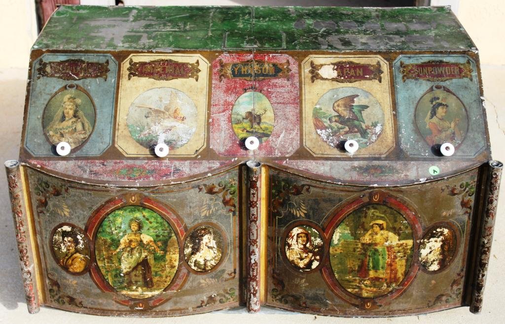 19TH C. PAINTED TIN 5 COMPARTMENT TEA DISPENSER,: SHOWS WEAR AND SOME DENTS, 23 3/4" H, 34 1/2" L, 26 1/2" D