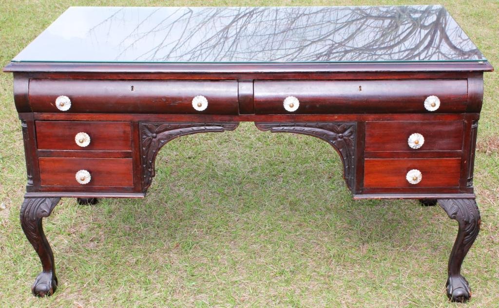 LATE VICTORIAN CHIPPENDALE STYLE MAHOGANY: PARTNERS DESK, GLASS KNOBS, ORIGINAL FINISH, PLATE GLASS TOP, 30 1/2" H, 54" W, 31 1/2" D
