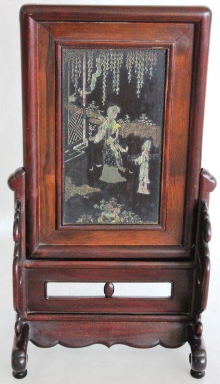 CARVED TEAK TABLE SCREEN WITH: INLAY MOTHER OF PEARL & GOLD DESIGN, SHOWING TWO WOMEN, SIGNED ON BACK, 18 1/2", 9 3/4" W, 6 1/4" D