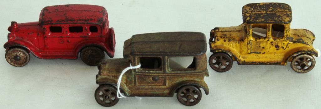 3 MISC. CAST IRON TOY CARS,: WILLIAMS COUPE, ARCADE FORD TUDOR, ETC., 4" - 4 1/4" L
