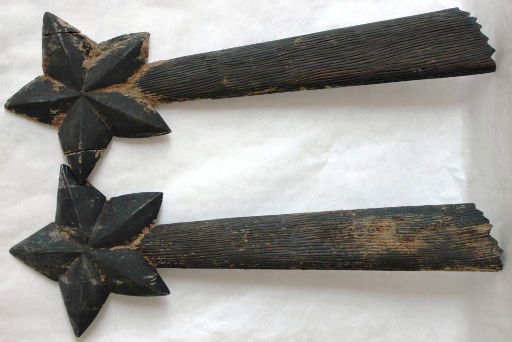 PAIR OF CARVED FOLK ART WOODEN STARS,: FROM OLD CIRCUS CART, 35 1/2" L