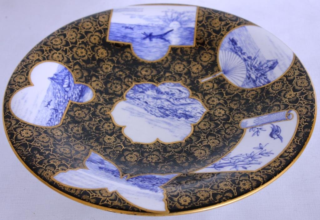 ROYAL WORCESTER FOOTED COMPOTE,: WITH SCENIC PANELS, WITH GILT COBALT GROUND, 2" H, 9 1/2" DIA.