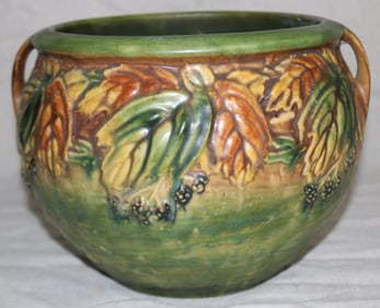 ROSEVILLE HANDLED JARDINIERE, BLACKBERRY, 7" H,