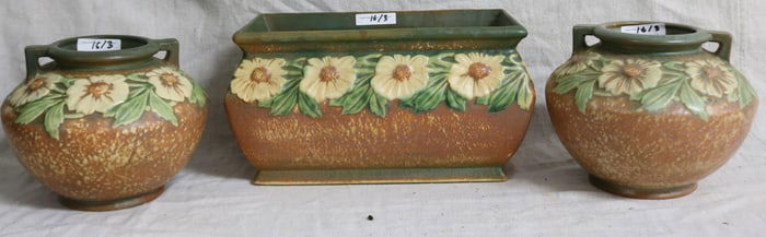 3 PCS. ROSEVILLE DAHL ROSE 2 HANDLED VASES, 6
