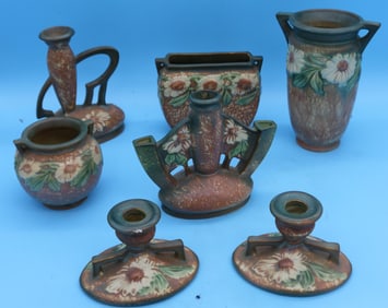7 PCS. ROSEVILLE DAHL ROSE, PAIR CANDLESTICKS, 3