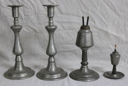 FOUR 19TH C. PEWTER LIGHTING DEVICES, PAIR CANDLE