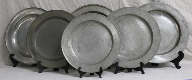 6 PEWTER CHARGERS, LONDON MARKS, 18TH/19TH C., 13