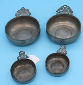 4 PEWTER PORRINGERS, 1 ATTRIBUTED TO WILLIAM