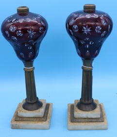 PAIR RUBY CUT TO CLEAR FLUID LAMPS, BRASS SHAFTS,
