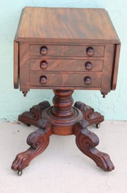 19TH C. DROP LEAF WORK TABLE, 3 DRAWERS, ACANTHUS