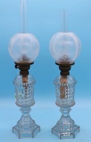 PAIR 19TH C. PRESSED FLINT GLASS FLUID LAMPS,