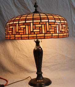 ANTIQUE LEADED GLASS TABLE LAMP, SLAG GLASS SHADE
