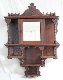 VICTORIAN MAHOGANY HANGING CURIO SHELF, CARVED
