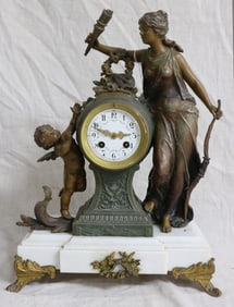 VICTORIAN FIGURAL CLOCK, PATINATED METAL WITH
