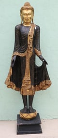 TALL THAI CARVED & PAINTED BUDDHA, GILT WITH