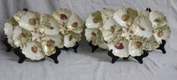 SET 6 OYSTER PLATES, T&V LIMOGES, HAND PAINTED