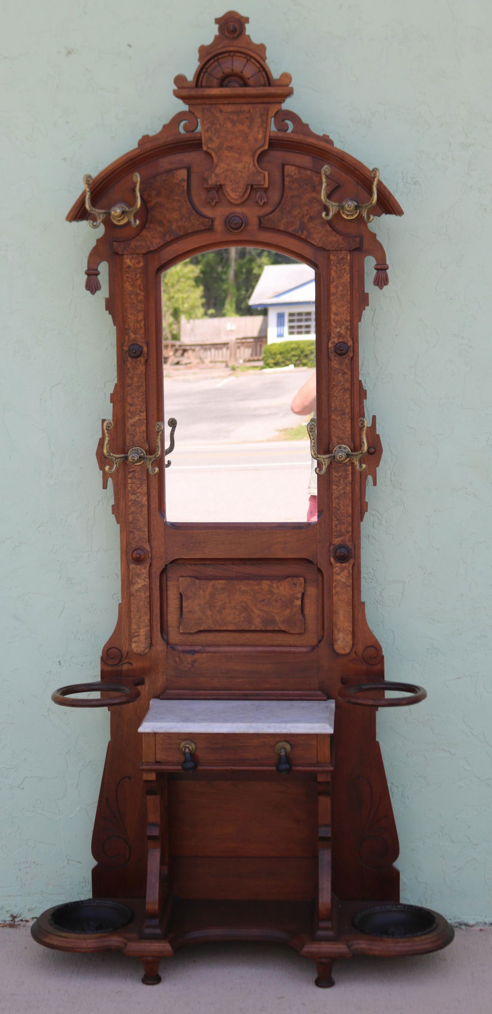 VICTORIAN WALNUT HALL TREE, ONE DRAWER, MARBLE (1 of 4)