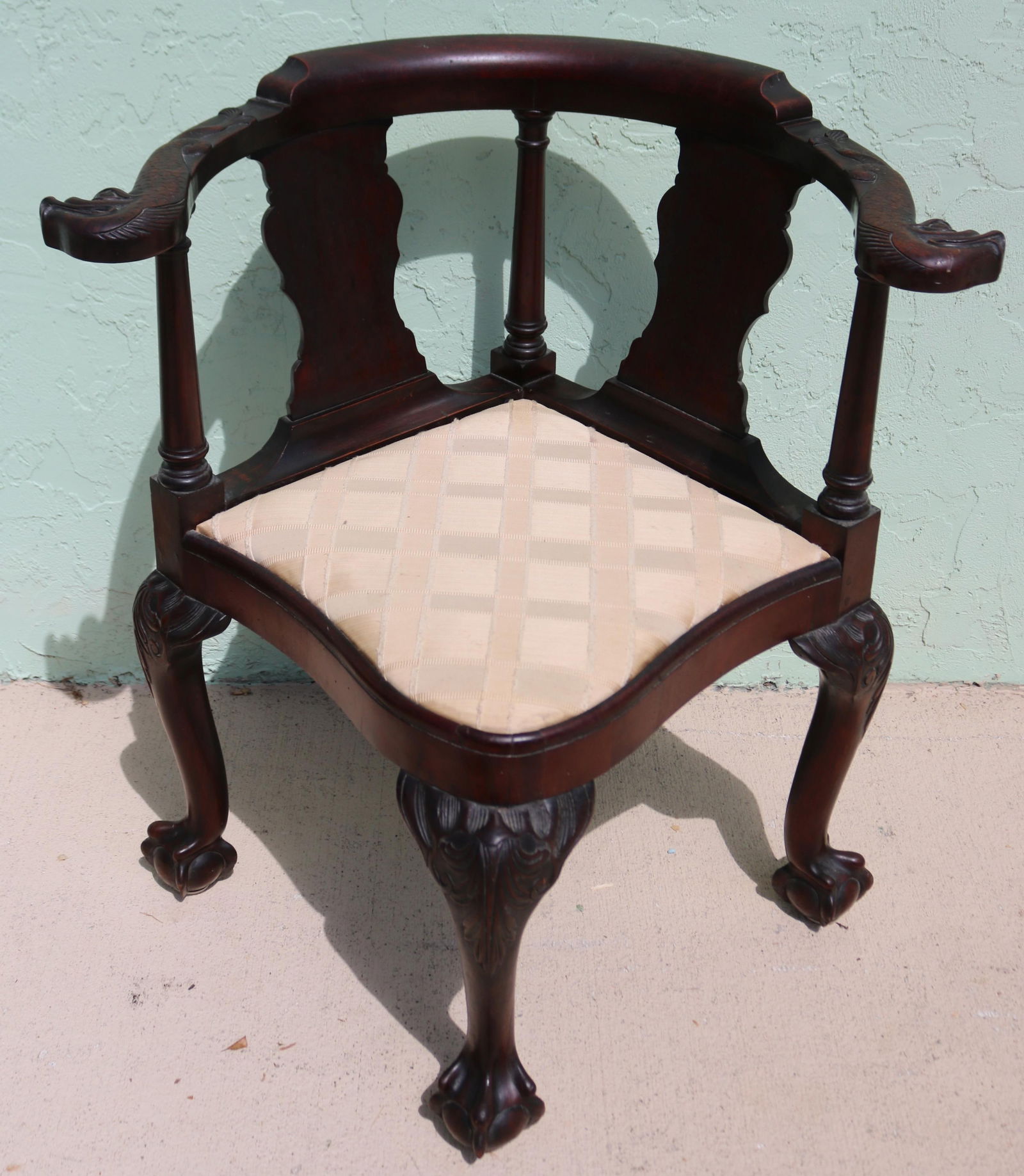 EXCEPTIONAL MAHOGANY CORNER CHAIR, CARVED DOLPHIN (1 of 3)