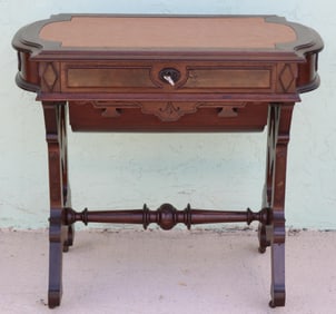 VICTORIAN WALNUT SEWING STAND, SHAPED TOP WITH