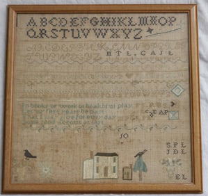 EARLY 19TH C. SAMPLER, 7 ALPHABETS, NUMBERS,