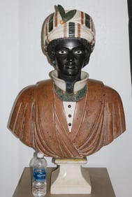 LARGE CARVED & INLAID MARBLE BUST OF A BLACK