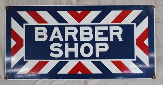 ENAMELED BARBER SHOP SIGN, 9" H, 18" L, GOOD