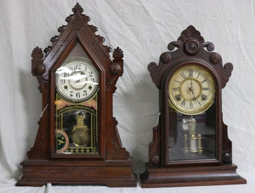 2 VICTORIAN WALNUT SHELF CLOCKS, 1 CARVED WITH