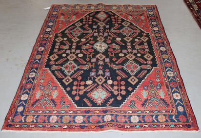 RUG #393, NAVY MALAYER, 6' 9" X 4' 9", SOME WEAR