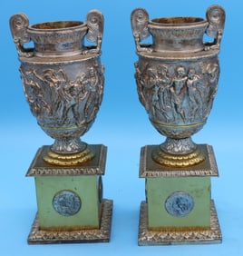 PR ORNATE GILT + SILVER PLATED BRASS URNS ON