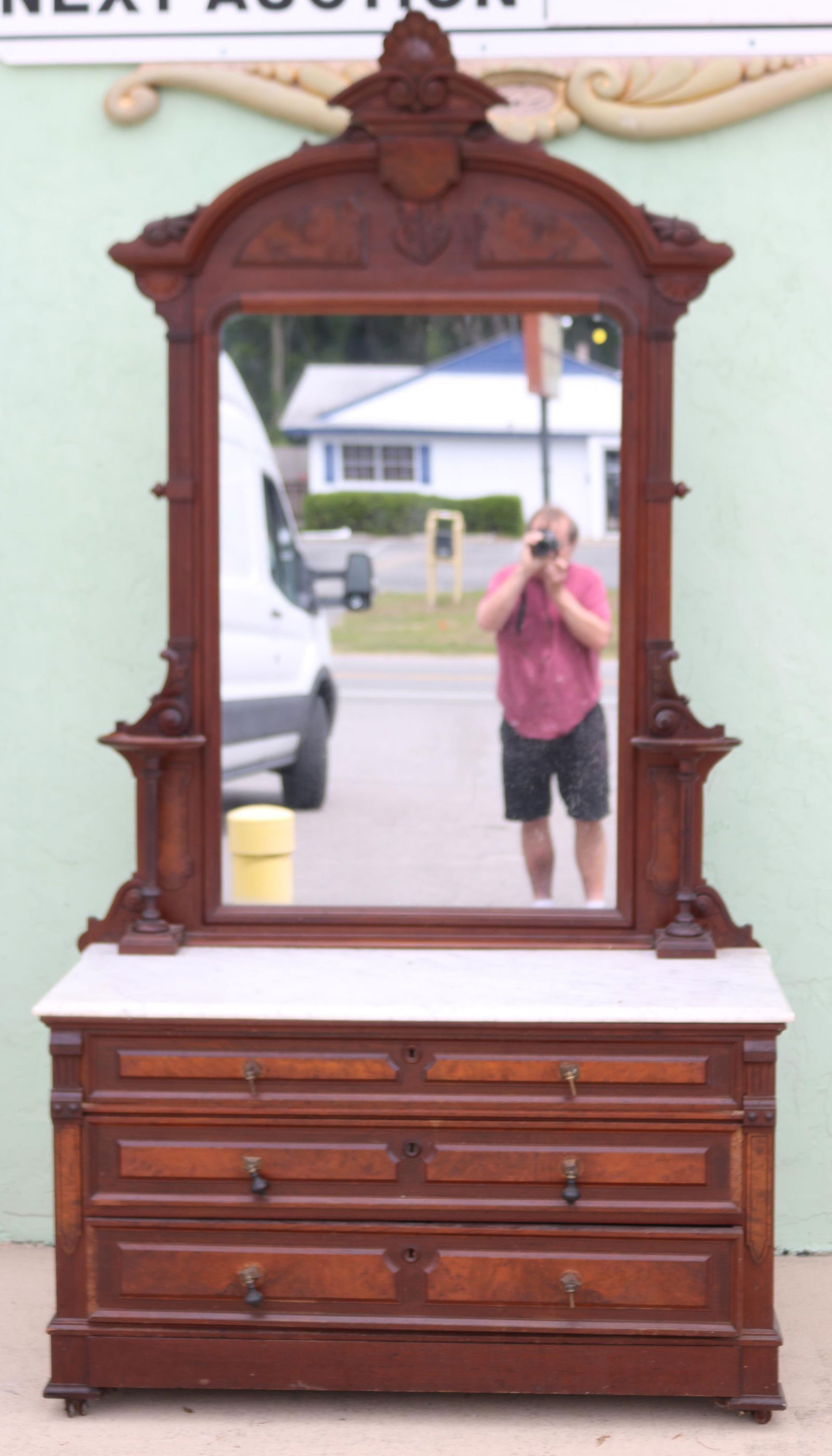 VICTORIAN WALNUT MARBLE TOP CHEST W/MIRROR, (1 of 2)