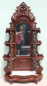 ORNATE VICTORIAN WALNUT ETAGERE, CARVED CREST,