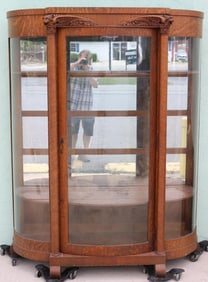 VICTORIAN OAK CHINA CLOSET, OVERSIZED WITH CARVED