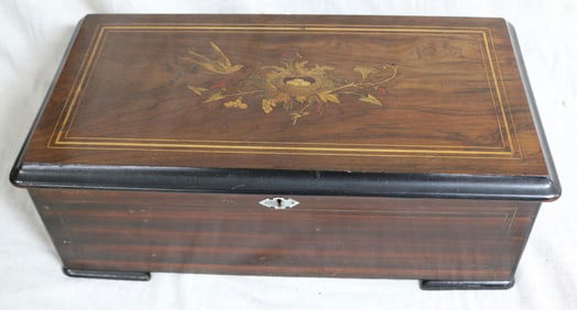 INLAID SWISS MUSCI BOX, INLAID WITH BIRDS & NEST