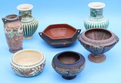 LOT 7 PCS OF EARLY ROSEVILLE; PR CORINTHIAN VASES