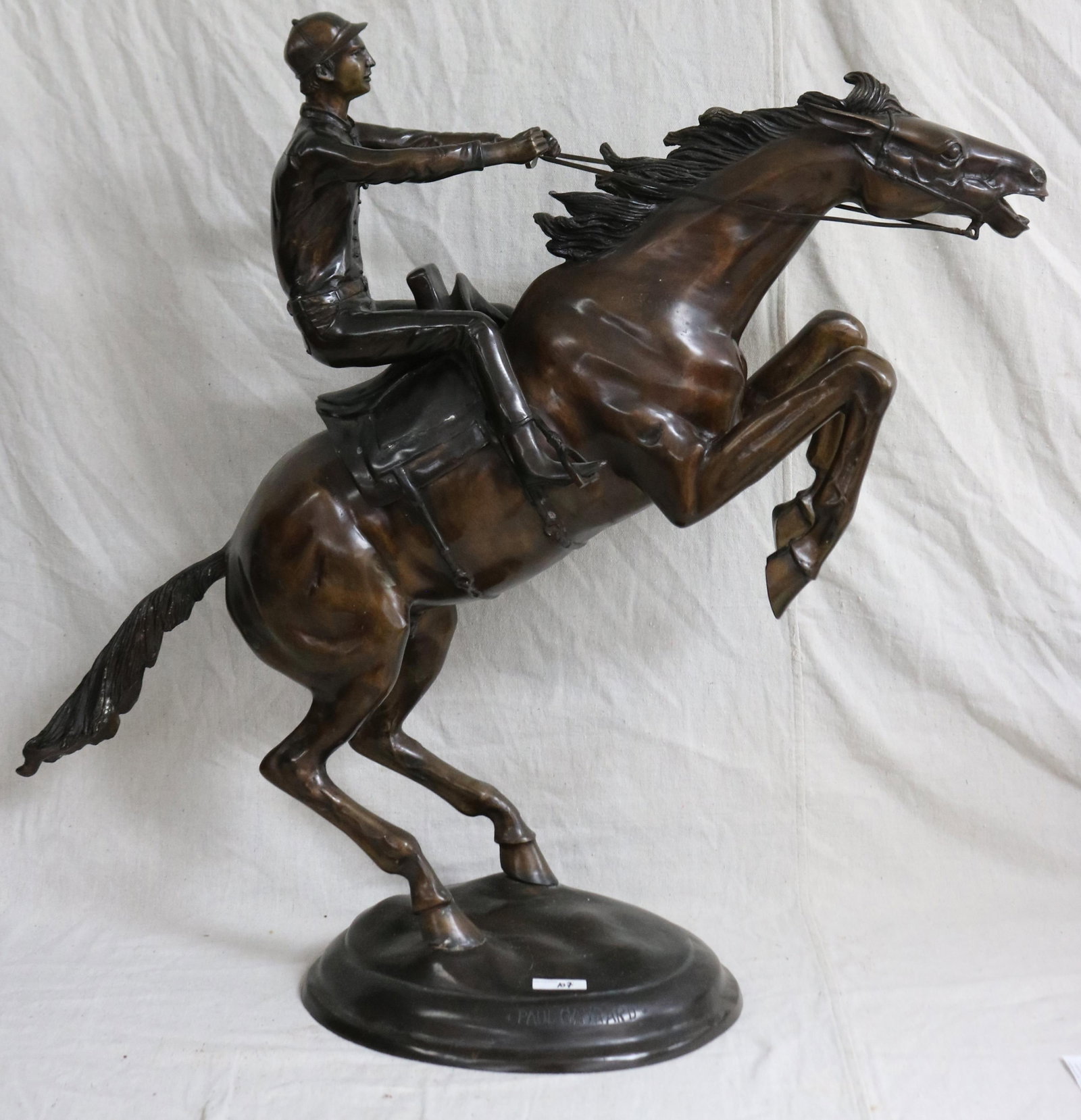 AFTER PAUL GRAYARD; BRONZE JOCKEY + HORSE: SCULPTURE 20TH C. PAUL GRAYARD (FRENCH 1807-1855) SIGNED, 34" H 39" W, GOOD CONDITION, AGE APPROPRIATE WEAR,