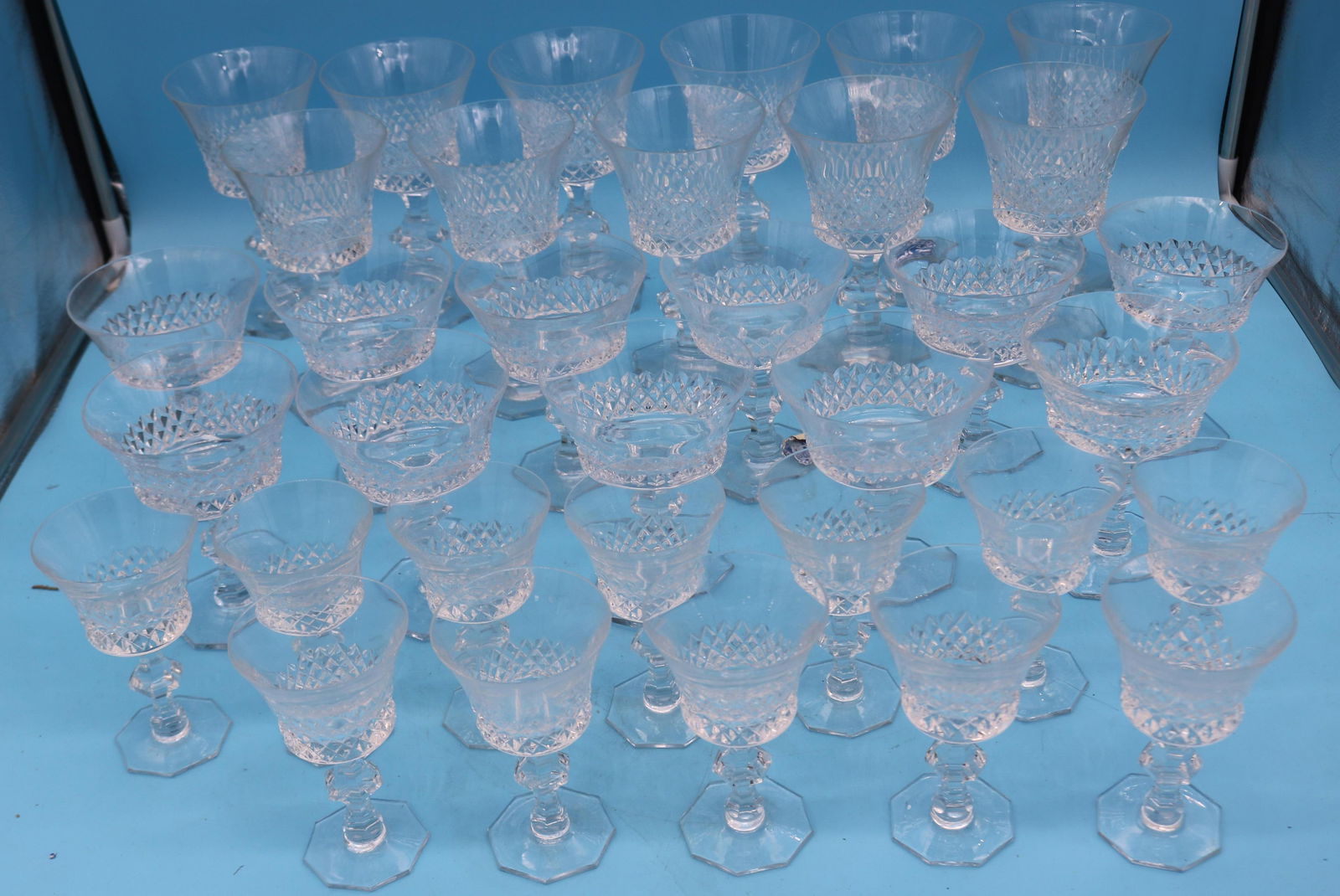 34 PCS CZECHOSLOVAKIAN CUT STEMWARE, 11 7": GOBLETS 11 5" CHAMPAGNES, 12 5" CORDIALS, ALL IN GOOD CONDITION
