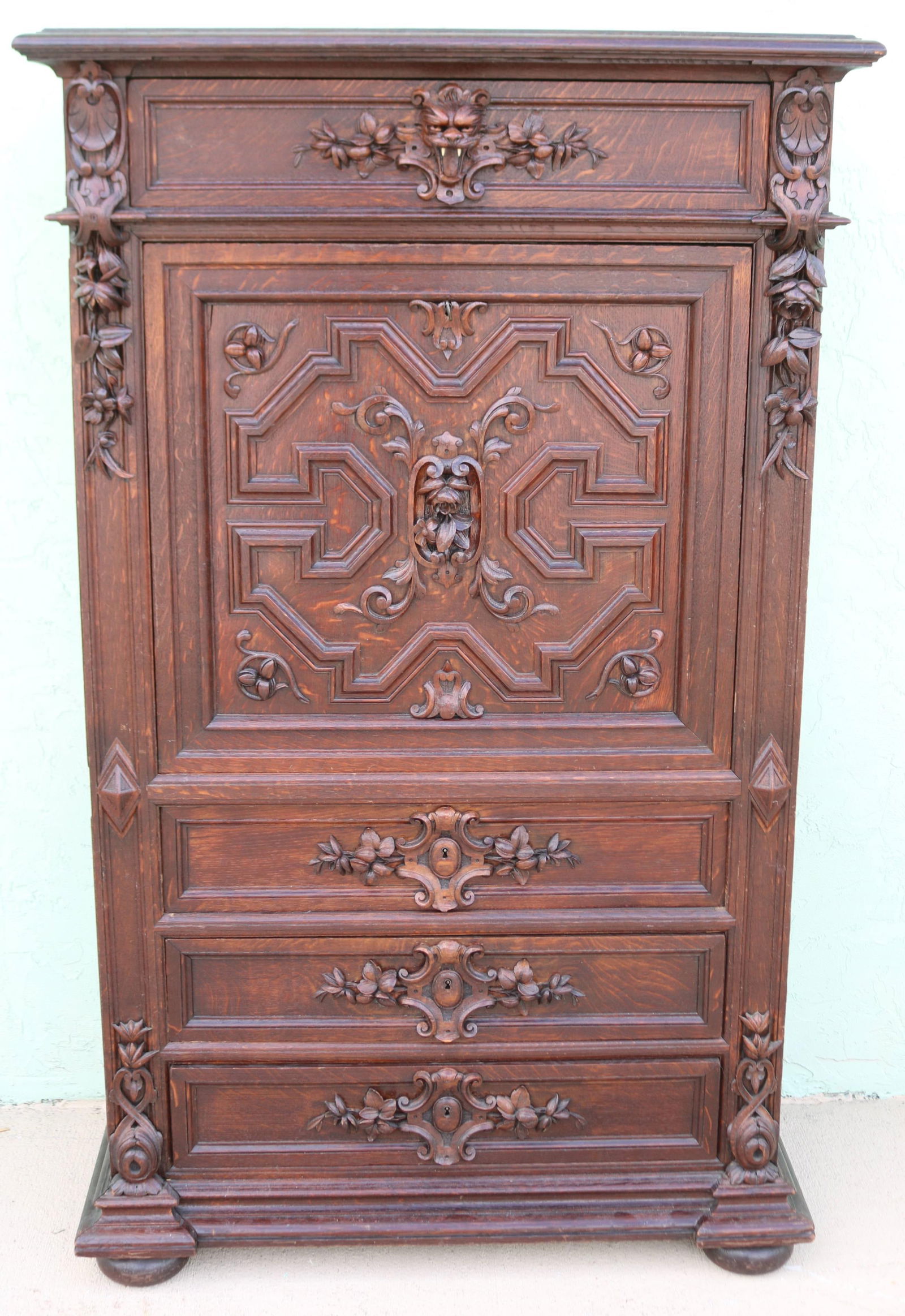ORNATELY CARVED OAK SECRETARY ABUTANT; TOP DRAWN (1 of 3)