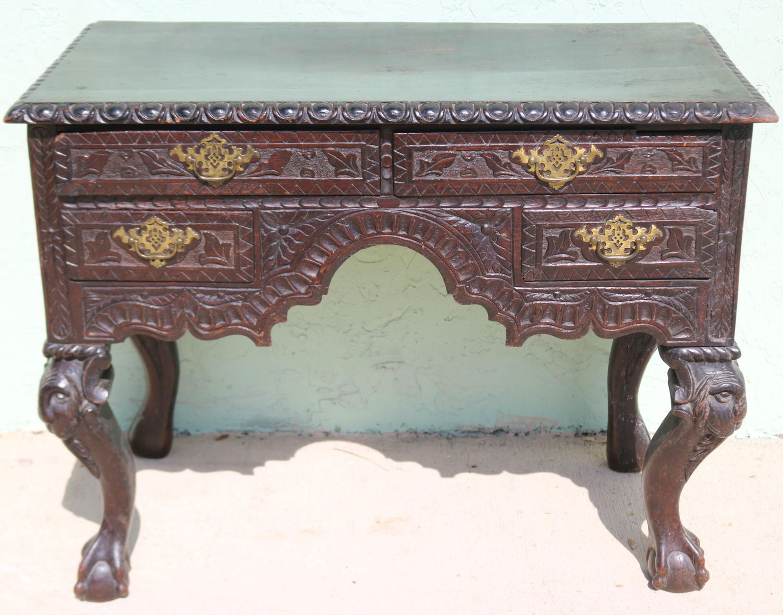 GEORGE III CARVED OAK LOWBOY; CARVED SIDES, (1 of 1)