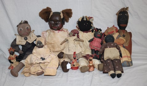 12 AFRICAN AMERICAN CLOTH DOLLS, 20TH C, 2 BELLS,