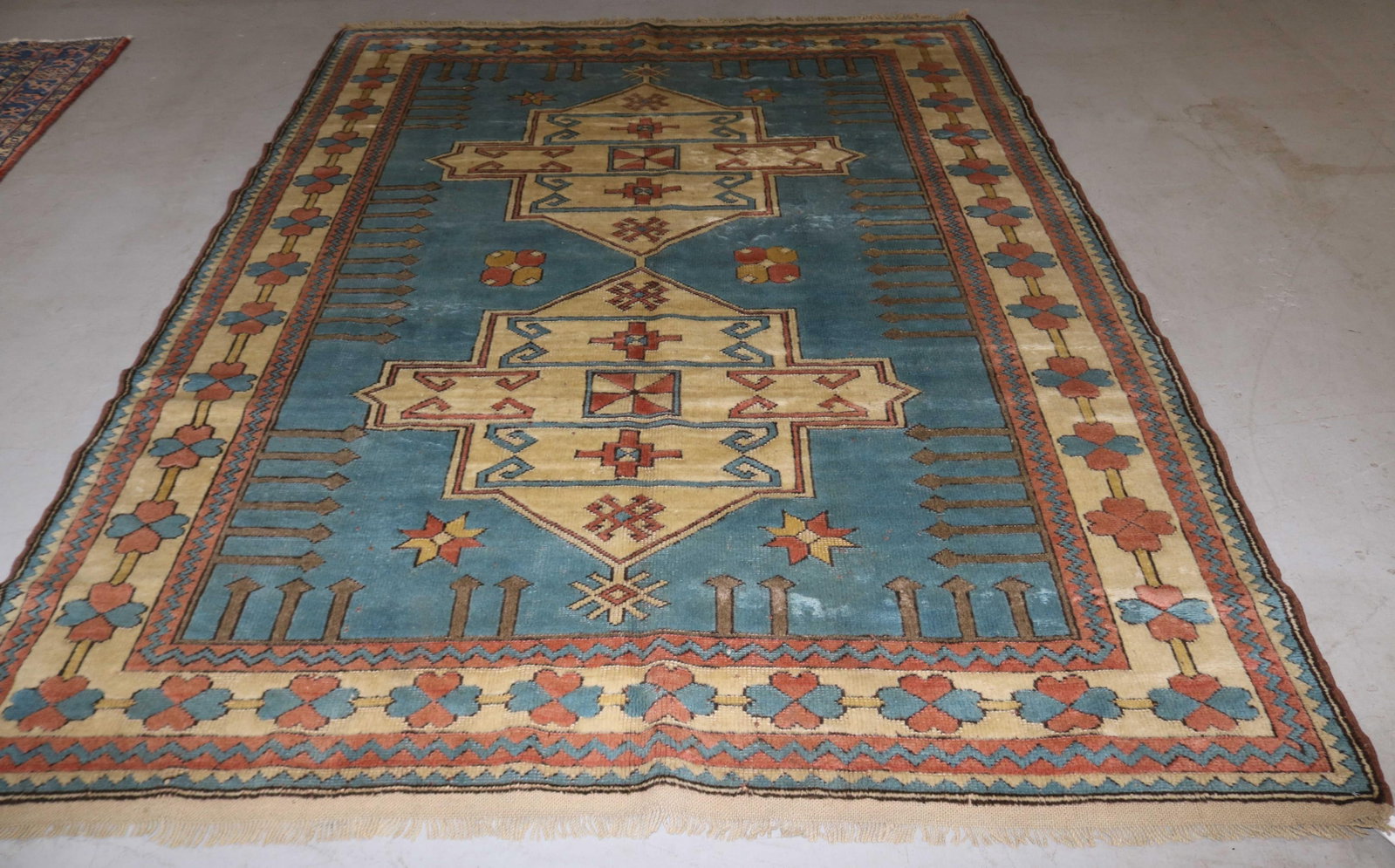 RUG #352, TURKISH TRIBAL LIGHT BLUE FIELD 7'1" X: 9'3"
