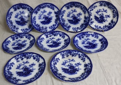 9 FLO BLUE PLATES, BENGAL PATTERN, 10 1/4" DIA. 1