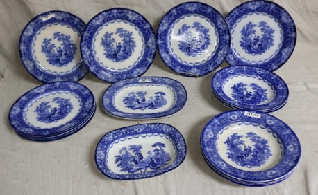17 PCS. FLO BLUE, WATTEAU PATTERN BY DAULTON, (8)