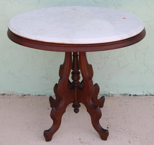 VICTORIAN WALNUT OVAL MARBLE TOP TABLE, OLD