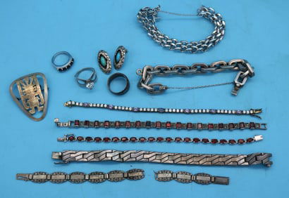 13 PCS. STERLING JEWELRY, HEAVY TAXCO BRACELET,