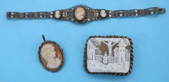 3 VICTORIAN CAMEOS, RECTANGULAR SHELL CARVED WITH